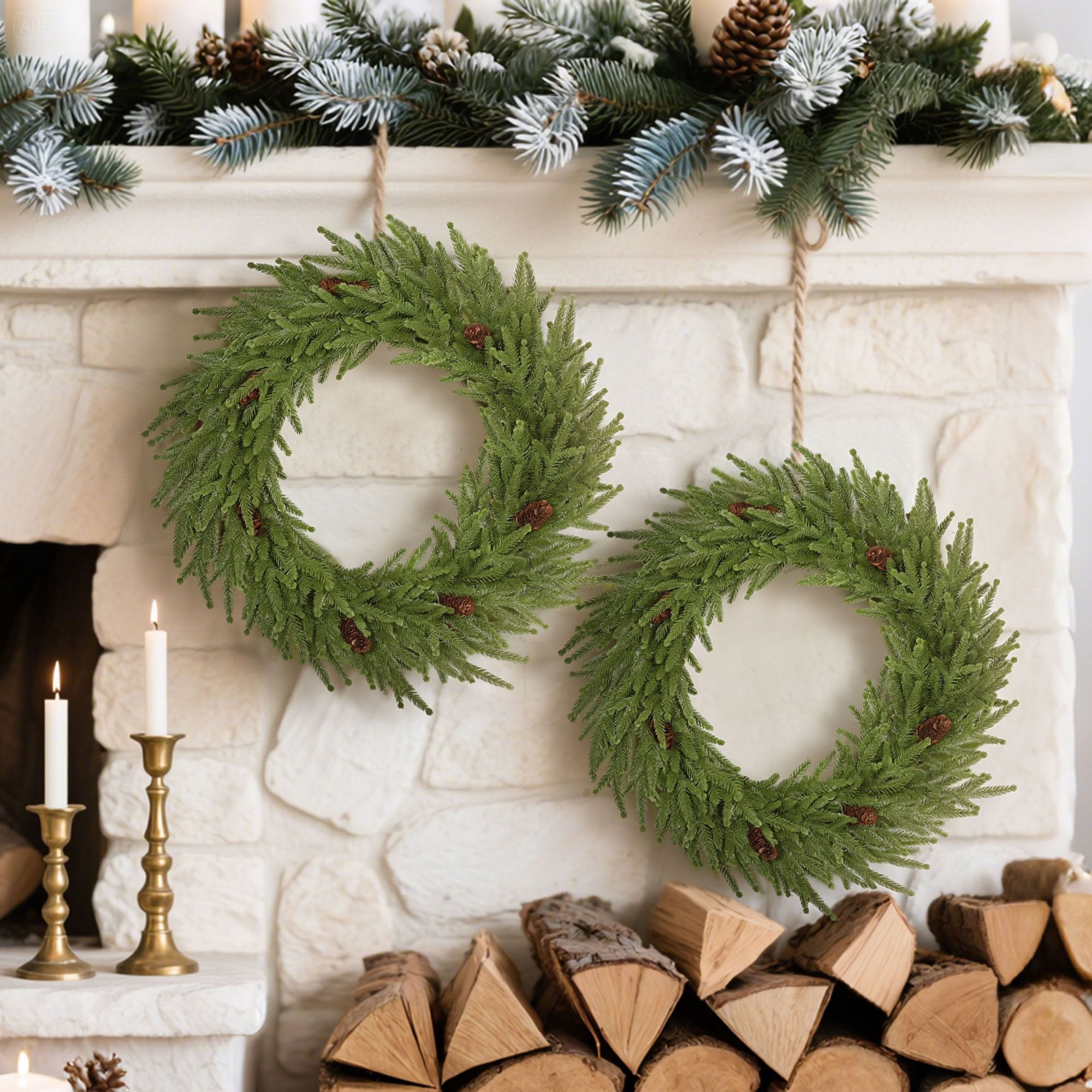 24 inch Christmas Wreath, Artificial Norfolk Pine Wreath with Pine Cones and 88 Realistic Branches for Door, Wall