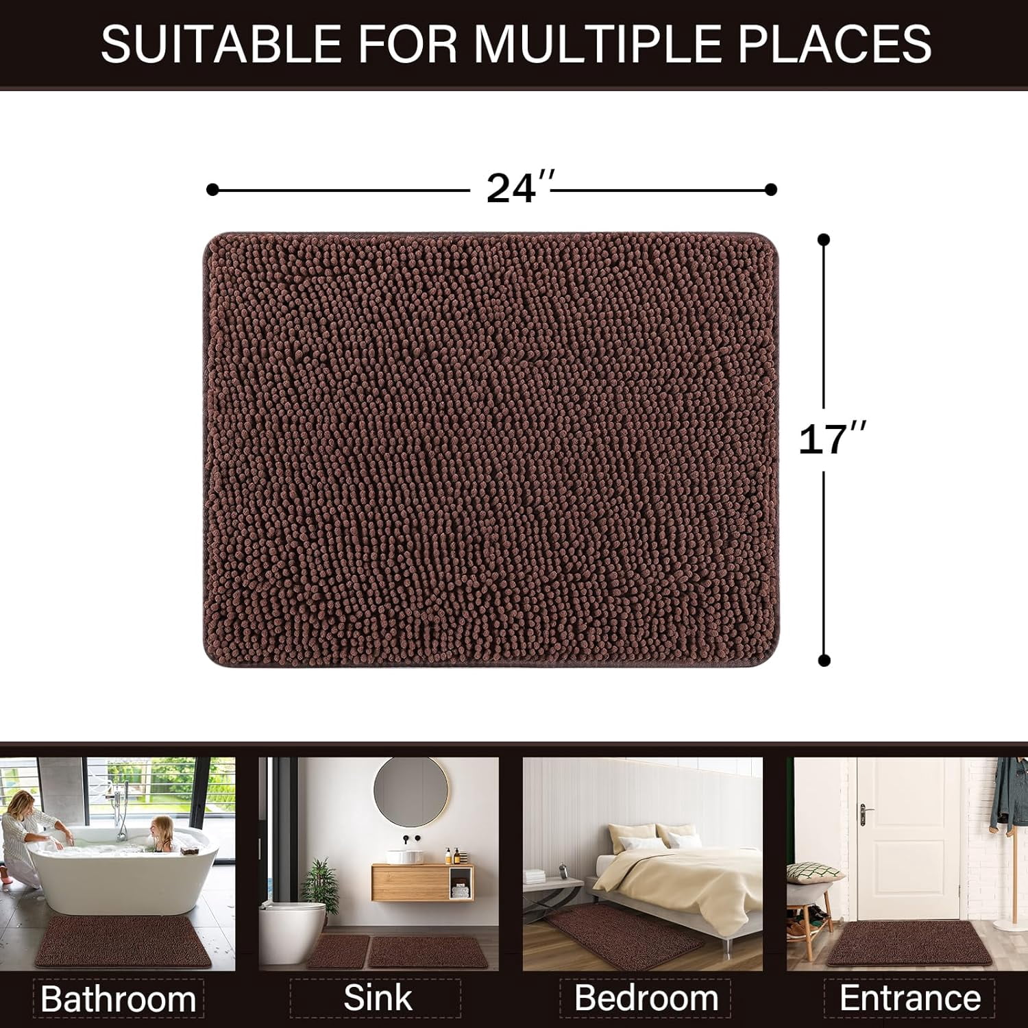 Luxury Bathroom Rug Shaggy Bath Mat 24 x 17 Inch, Washable Non Slip Bath Rugs for Bathroom Shower, Soft Plush Chenille Absorbent Carpets Mats, Brown