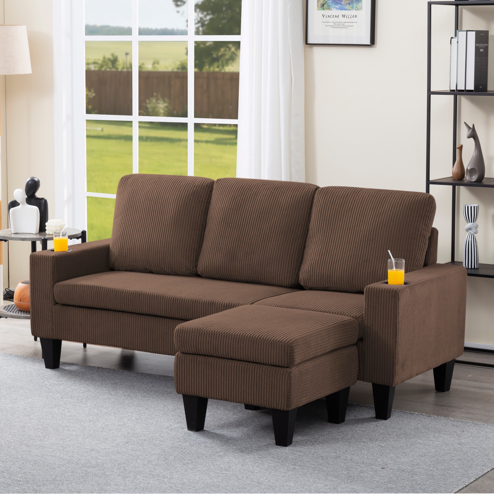 Gewnee Camel 69.88” L-Shaped Sectional Sofa, Corduroy Ottoman & Built-in Cup Holders for Bedroom/Living Room