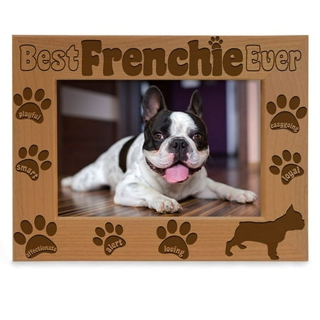 KATE POSH Best Frenchie Ever Engraved Natural Wood Picture Frame French Bulldog Photo Frame Pet Memorial Gifts New Puppy Gifts Dog Lover Gift Paw Prints on my Heart (5x7 Horizontal)