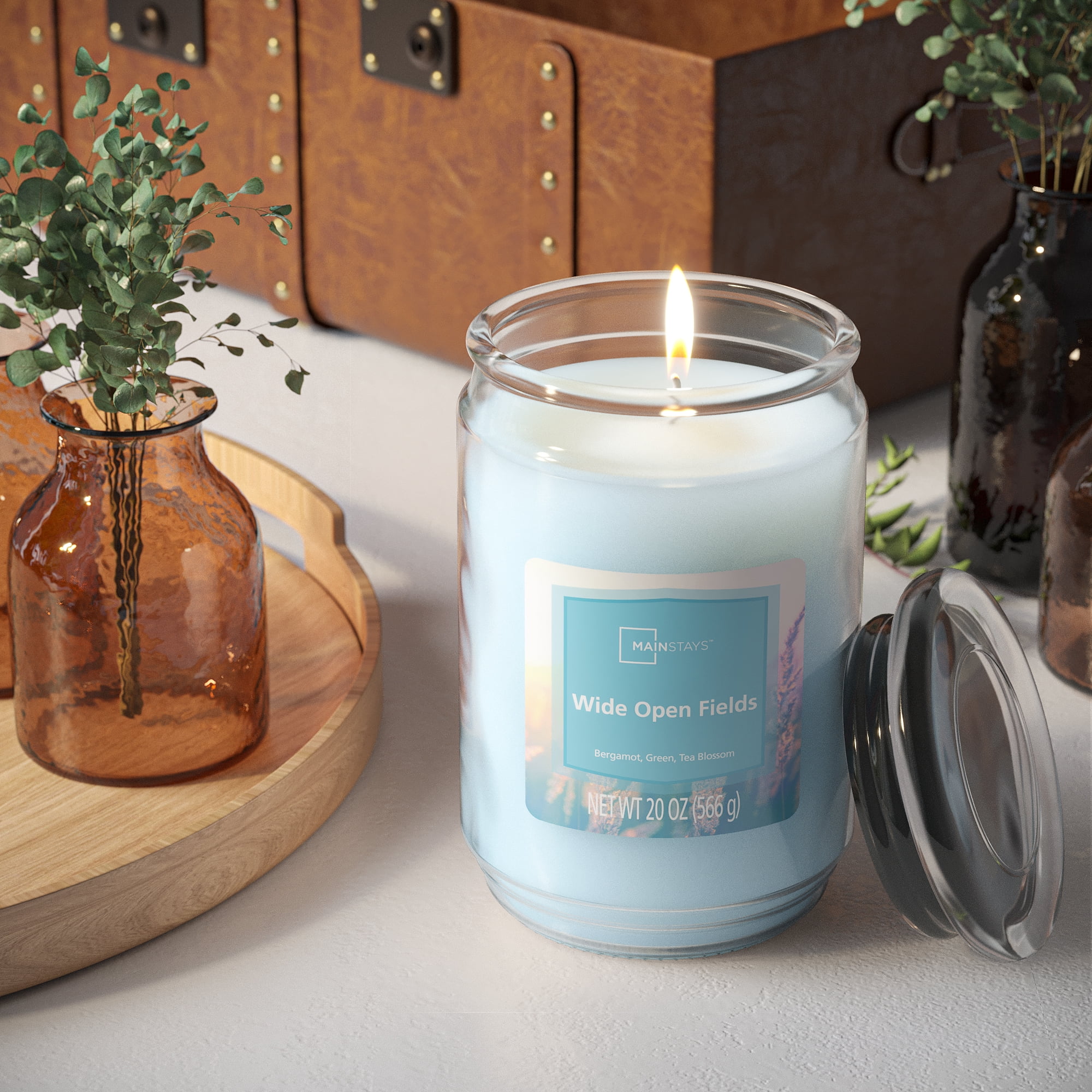 (4 pack) Mainstays Single-Wick Scented Glass Jar Candle, Wide Open Fields, 20oz.