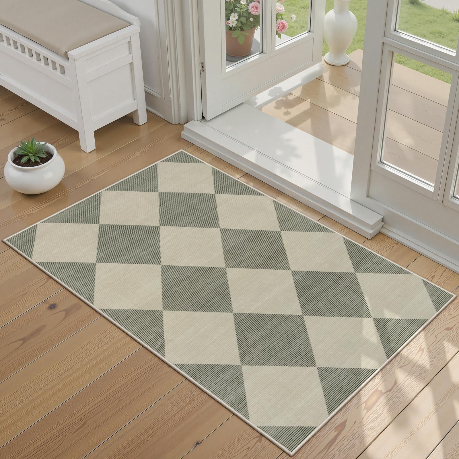 Lahome Decor 2'x3' Modern Washable Rugs for Bedroom, 2x3ft Non-Slip Door Mat Indoor Entrance, Farmhouse Checkered Rug,Soft Low Pile Carpet Throw Rugs for Entryway Laundry Bedroom,Green