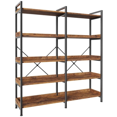 5 Tier Bookshelf, Display Bookshelf with 10 Open Shelves and Raised Baffle, 47.2 Inch Straight Wide Bookcase with Metal Frame and Wooden Board, Adjustable Feet, Rustic Brown