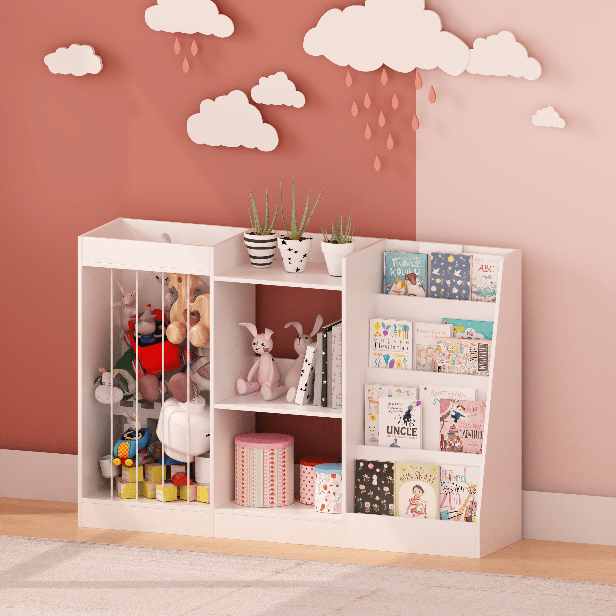 3-Tier Kids Bookshelf, Sling Montessori Bookcase with Stuffed Animal Storage, Particleboard & MDF Toddler Organizer with Anti-Tip Strap for Nursery Playroom Kindergarten