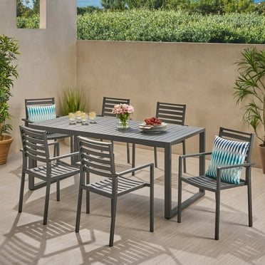 GDF Studio Picheloup Outdoor Aluminum 7 Piece Dining Set, Gray and Gun Metal Gray