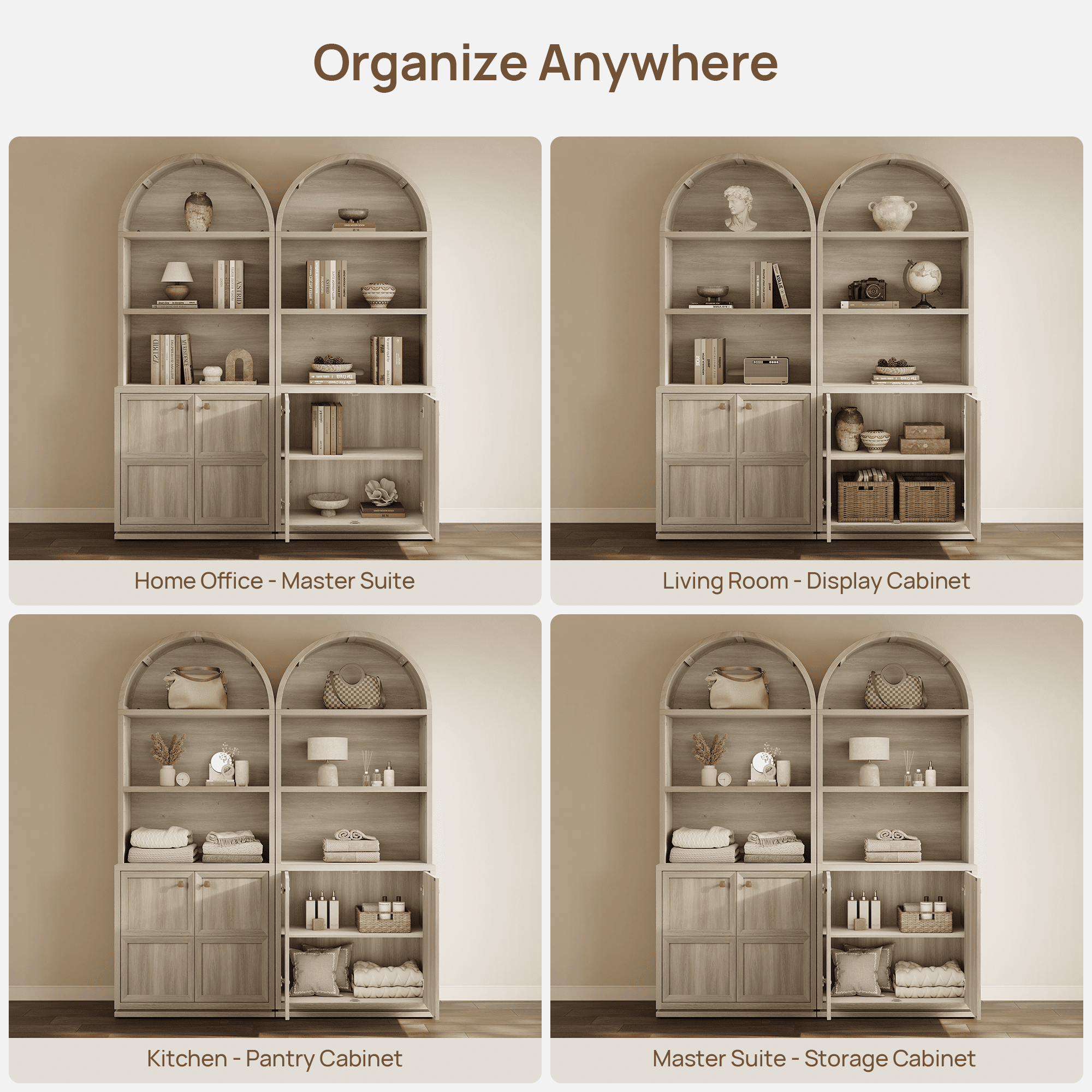 SICOTAS 81" Tall Arched Kitchen Pantry Storage Cabinet with Doors & Adjustable Shelves, Oversized 5-Tier Farmhouse Cupboard with Cable Management for Dining Room, Living Room, White Oak