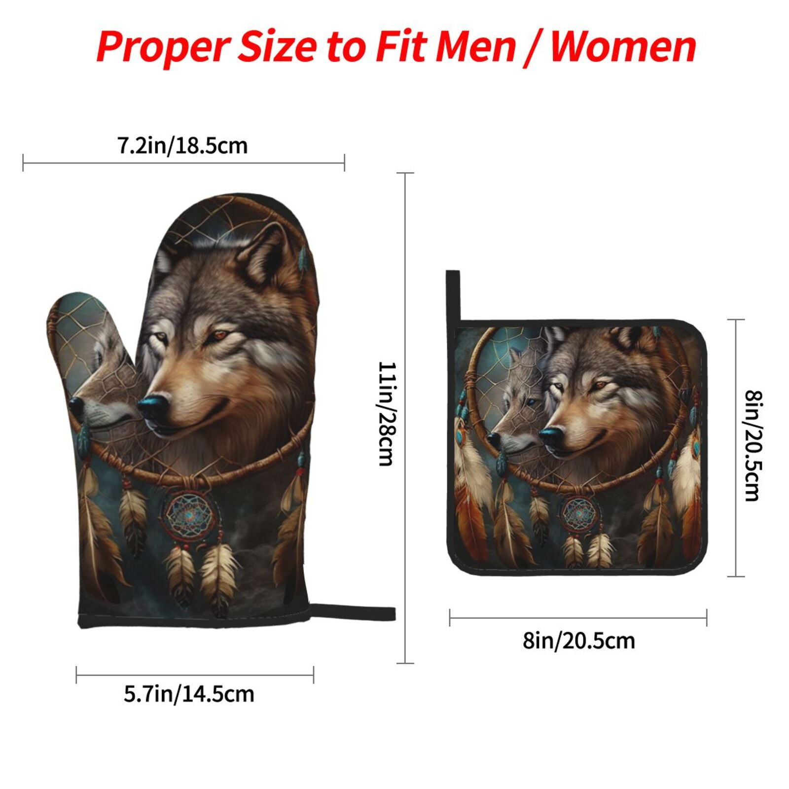 Wolf Indian Dream Feather 4Pcs Oven Mitts and Pot Holders Sets Oven Kitchen Gloves Hot Pads for Cooking BBQ Baking Grilling