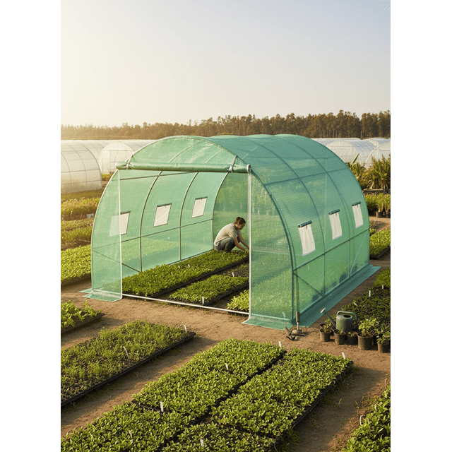 Large Mini Walk-In Greenhouse with Roll-Up Mesh Windows in Green Color
