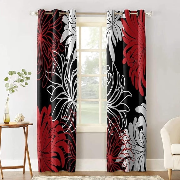 Floral Printed Chrysanthemum Flower Red Black White Thermal Insulated Drapes, Blackout Curtains, For Bedroom Living Room Door Decor 38"W x 54"L (Pack of 2)
