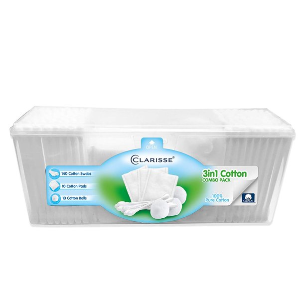Clarisse 3 in 1 Combo Pack. Cotton Swabs, Cotton Balls and Cotton Pads. Healthcare, Grooming and