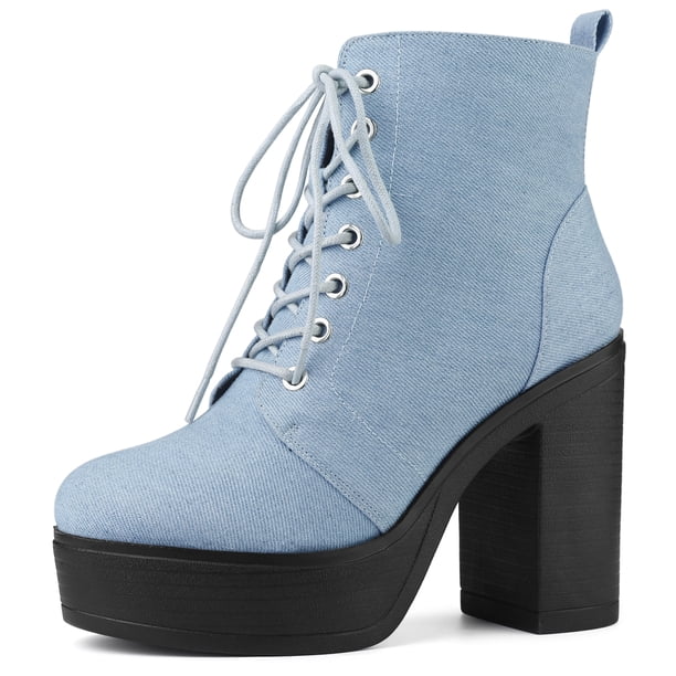 Botines Allegra K de tacón grueso con Cordón Y cremallera para Mujeres Azul vaquero 37