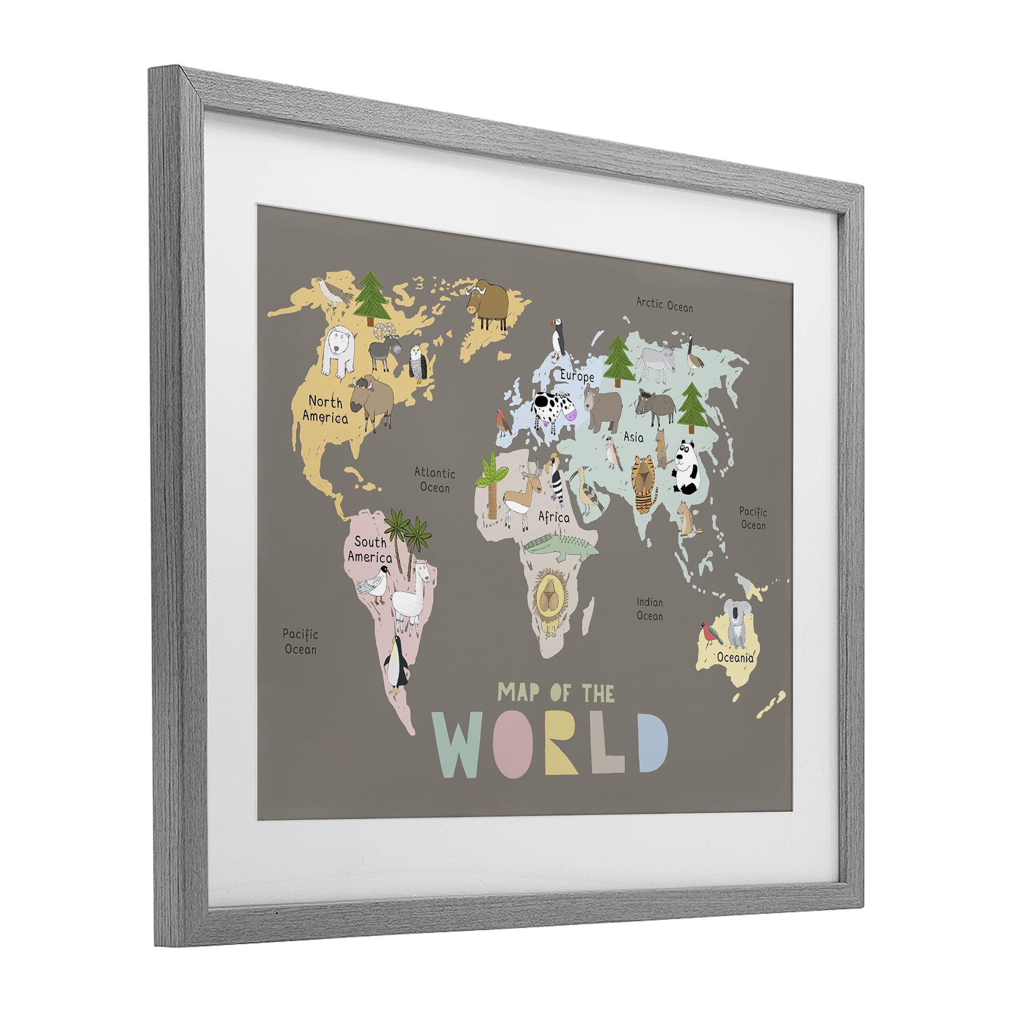Kid's Map Of World Brown Gray Framed Print Under Glass, design by Carla Daly