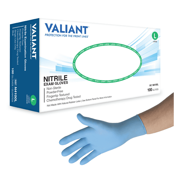 Valiant N4100 Nitrile Exam Gloves, Single Use Only, Fingertip Textured, Blue, Large, 100 Per Box, 10 Boxes (1,000 Gloves)