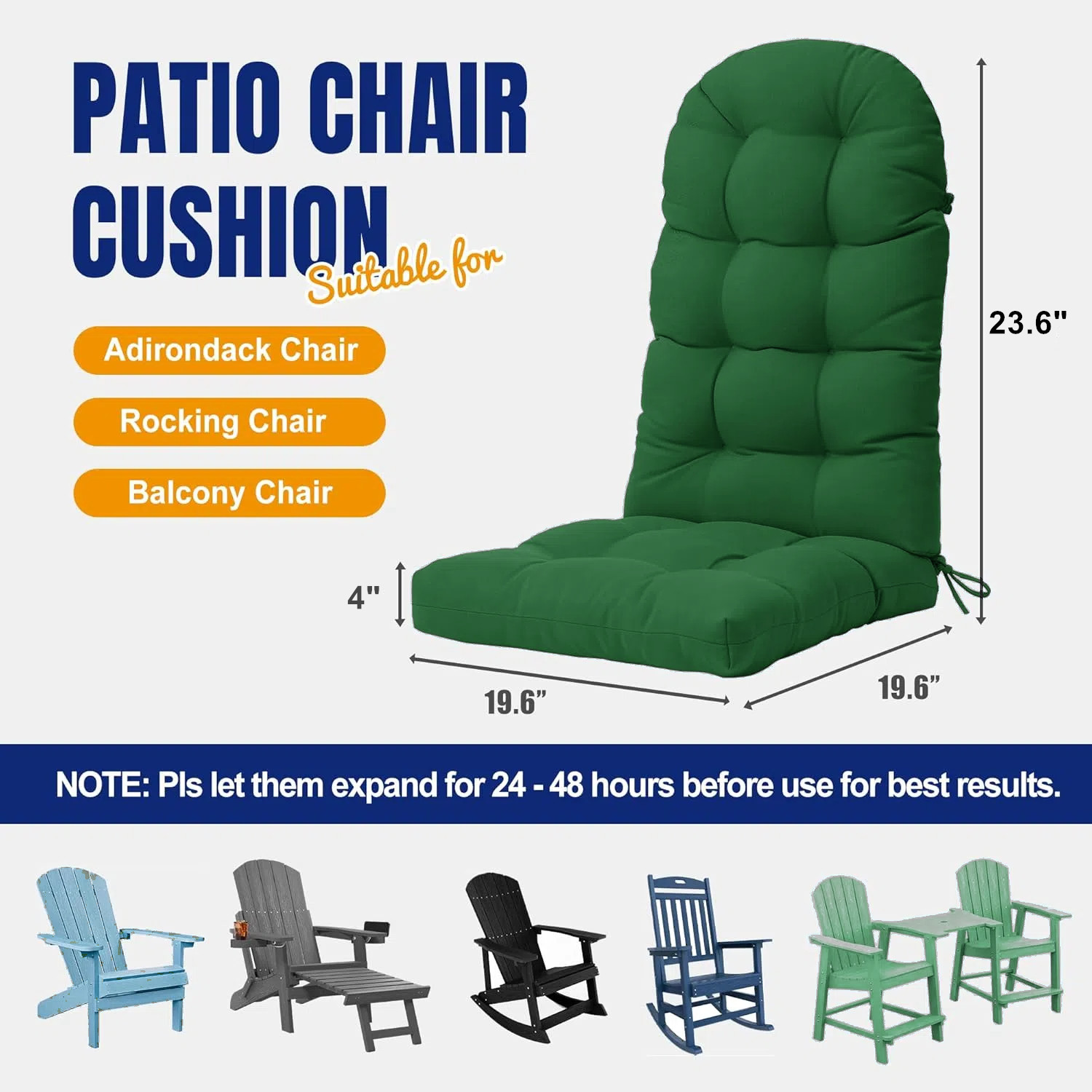 Outdoor Highback Seat Cushion 43.3"*19.7" Waterproof UV Resistant Inlife Rocking Chair Seat Pad for Dining Chairs, Office, Restaurant