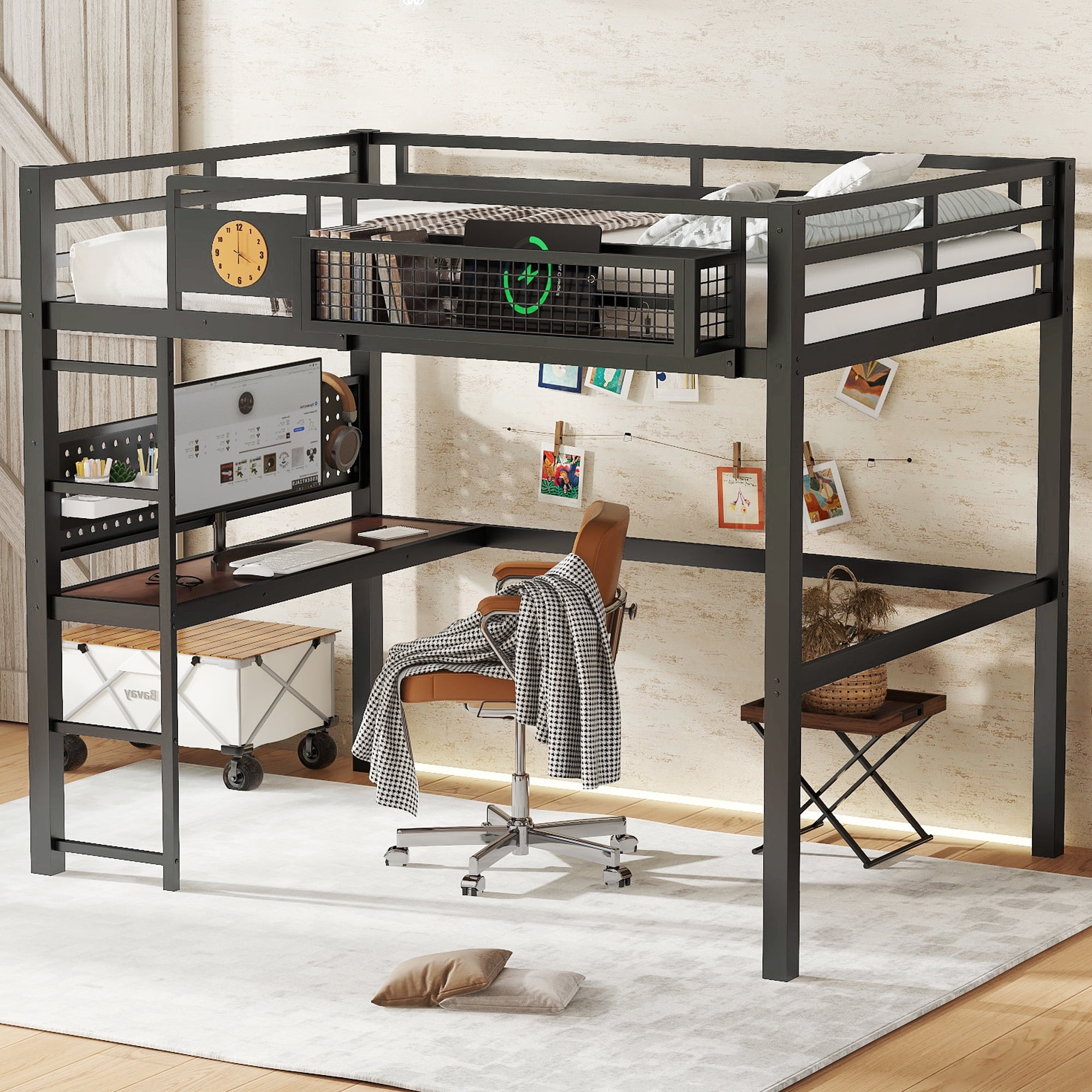 Leumius Full Size Loft Bed with Desk,Metal Loft Bed Frame with Charging Port,Clock and Storage Basket,Black