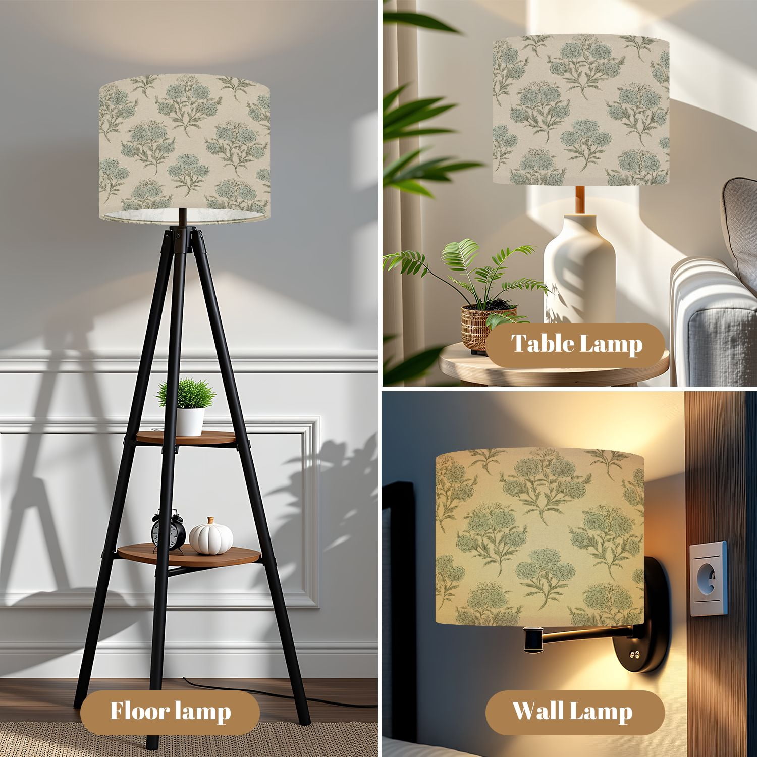 Linen Drum Lamp Shades Vintage Floral Soft Blue Green Blooms Cream 13" x 13" x 10" Lampshade for Table Lamps Floor Lamps Lamp Shade Replacement Easy Assembly Required