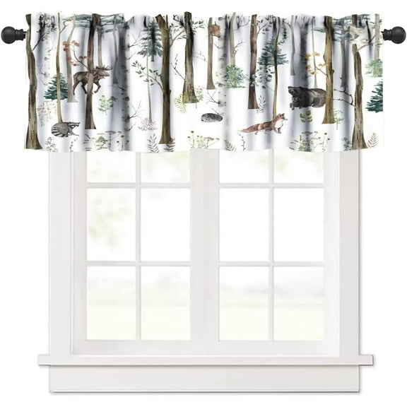 Rustic Forest Valance Curtain, Vintage Lodge Cabin Country Hunting Wild Animal Bear Moose Deer Fox Windows Curtain Valance for Kitchen Dining Room, One Panel 54x18in