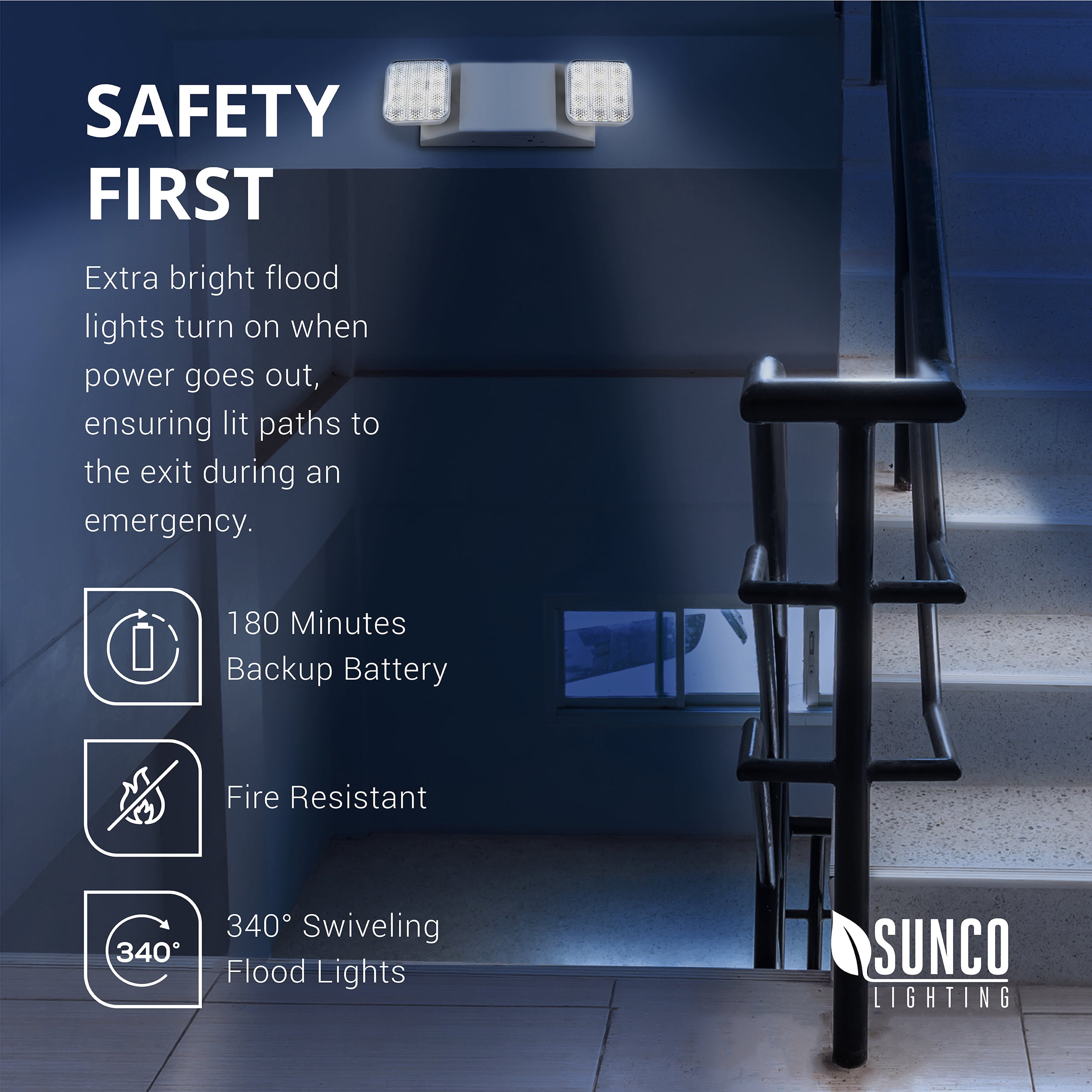 Sunco Lighting 6 Pack LED Emergency Light Fixture, Two LED Flood Lights, Backup Battery (180 Minutes), Wall Mount, Commercial Grade, 120-277V, Fire Resistant (UL 94V-0)