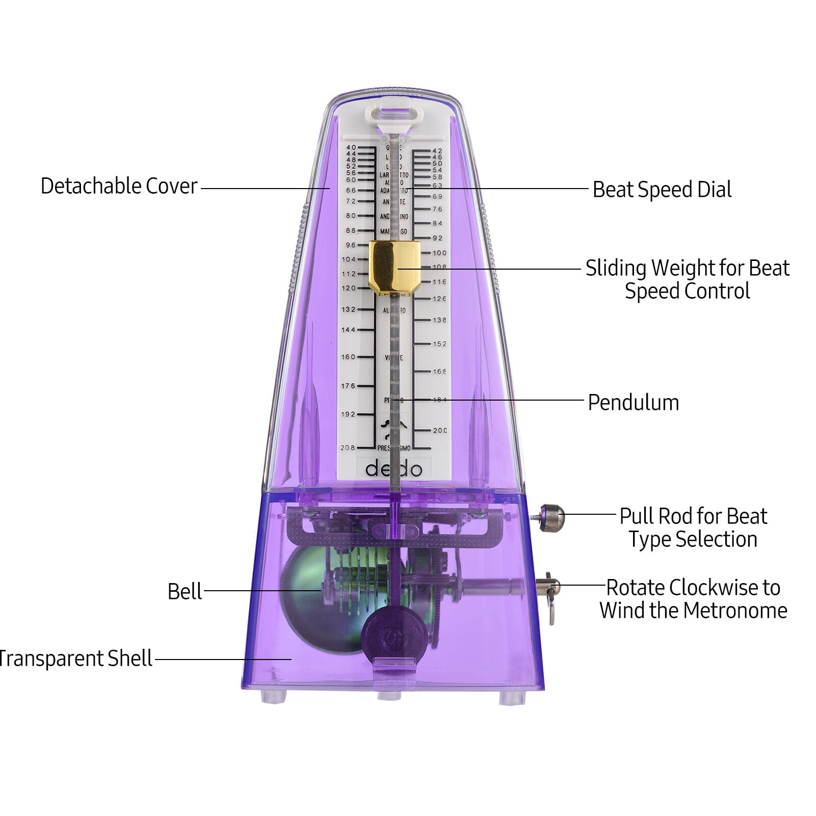 Transparent Mechanical Metronome with Bell Universal Wind up Metronome with Loud Sound Beat Selection Speed Control for Guitar Piano Violin Drum