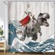 thumbnail image 3 of Cortina de Ducha Graciosa de Gato, Cortina de Ducha Japonesa de Olas del Océano con Gato Montando Dinosaurio, Cortina de Ducha Náutica Rústica de Madera de Granja, 3 of 4