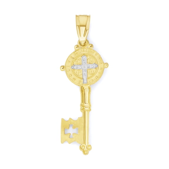 Golden Fire Solid 10k Gold Saint Benedict Key Pendant - Religious Jewelry Gifts for Women