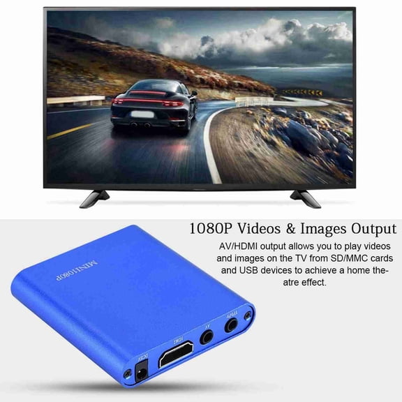 YAHHU Mini HD Media Player 1080P Video HDMI AV Output Stereo Sound Wide Voltage 110V-240V Home Theater Center for USB Drives SD MMC Cards with Remote Control AV Cable, Blue (UK Plug)