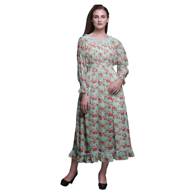 Bimba Robe à Fleurs pour Femme à Manches Longues, Smockée, Col Rond, à Volants, Maxi d'Été, Très Petit
