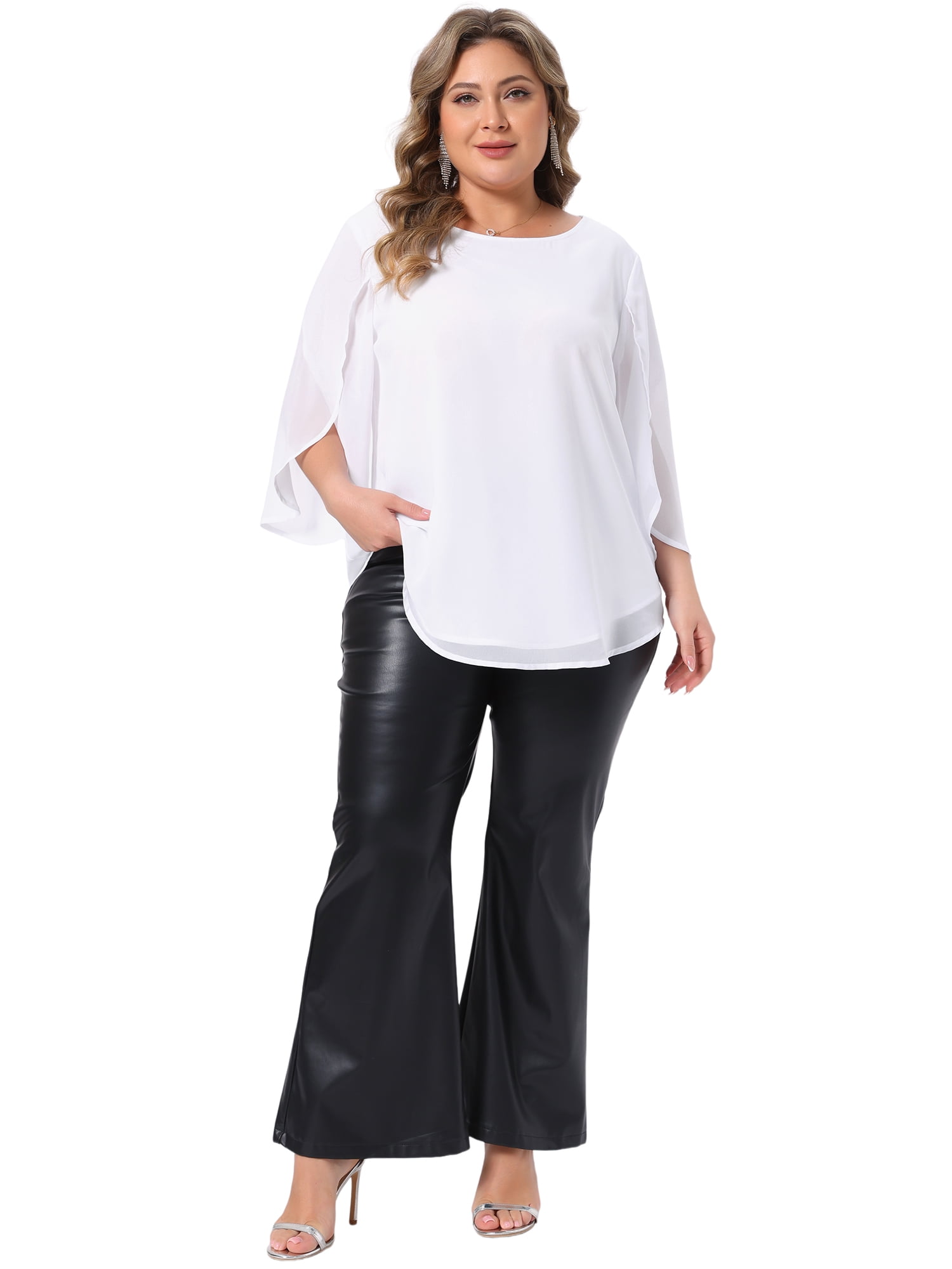 DARING DIVA Women's Plus Blouses with Flutter Petal Half Sleeve Chiffon Crew Neck 3X White