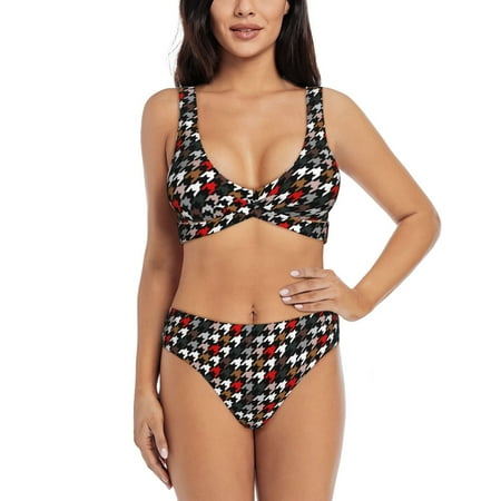 Zeuib Houndstooth Green Red High Waisted Tummy Control Bikini Set - Knot Front Push Up Top & Cheeky Thong Bottom  Two-Piece Swimsuit for Women-Large