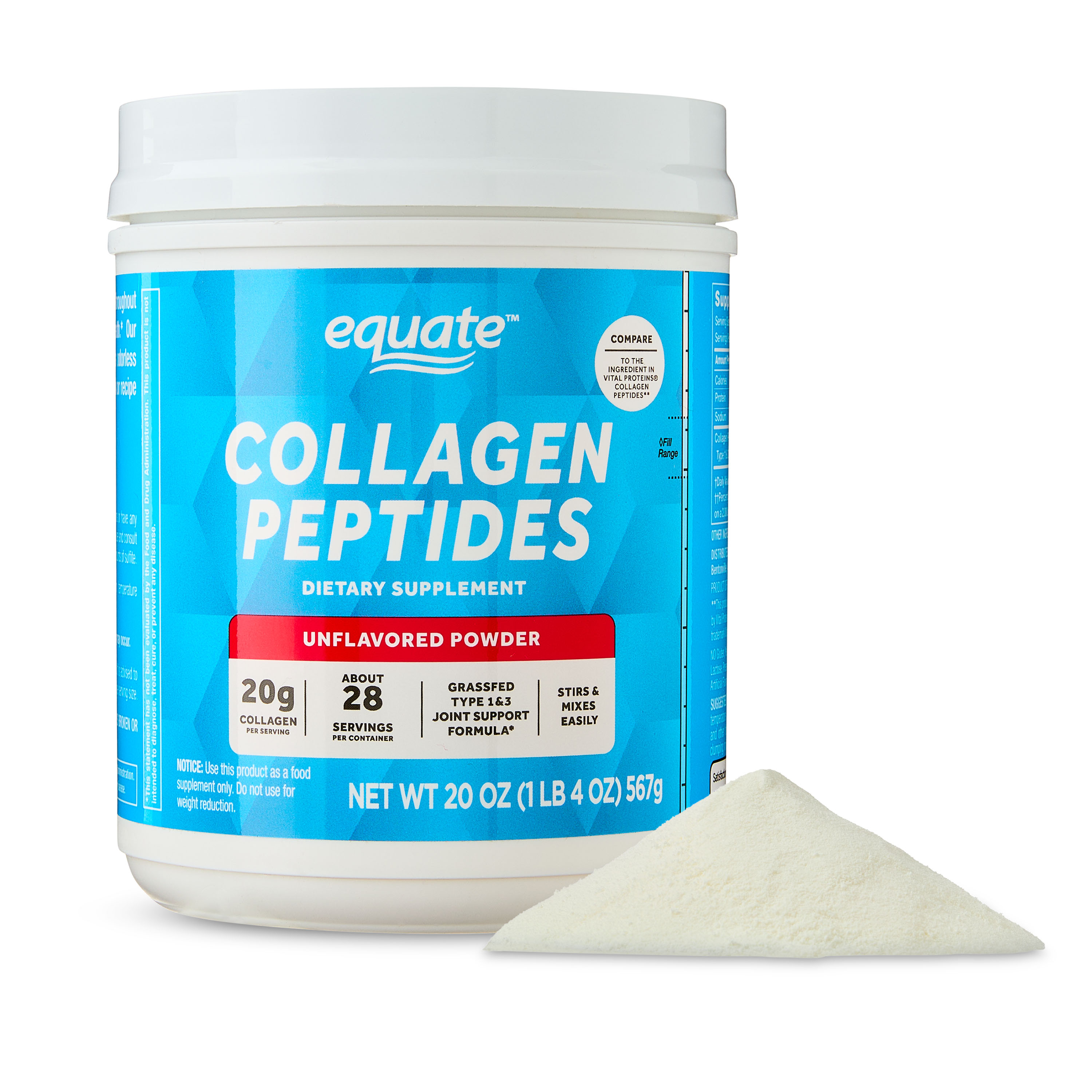 Equate Grass Fed Hydrolyzed Bovin Collagen Peptides Type 1 & 3 Dietary Supplement, Powder Form, Unflavored, 20 oz