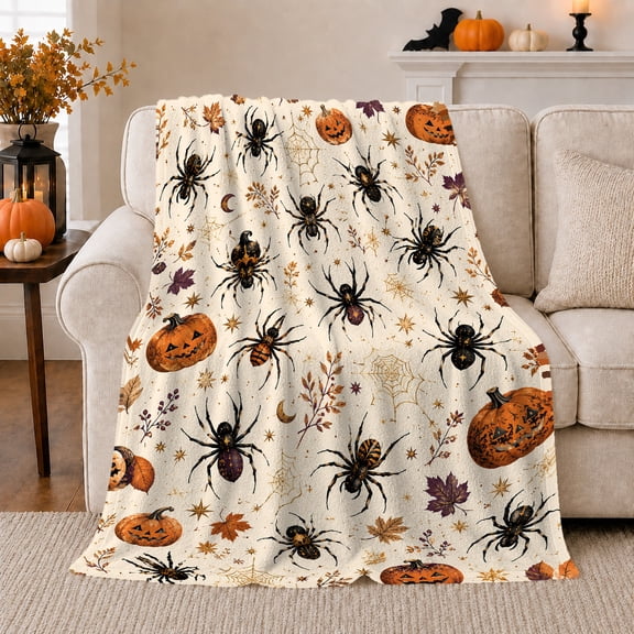 Black Spiders with Jack-O'-Lanterns and Gold Webs, Spooky Botanical Halloween Style for Spider Lovers, Cozy Flannel Blanket for Playroom and Bedroom, Halloween Gift, Home Decor