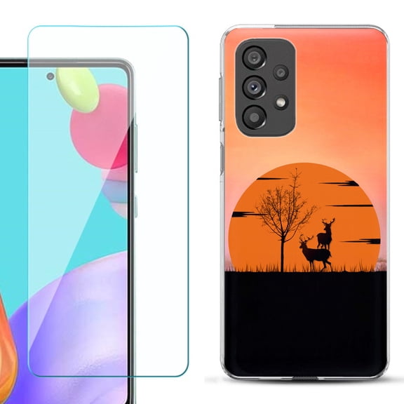 Slim-Fit Gel TPU Phone Case for Samsung Galaxy A33 5G, with Tempered Glass Screen Protector, by OneToughShield ® - Sunset Deer