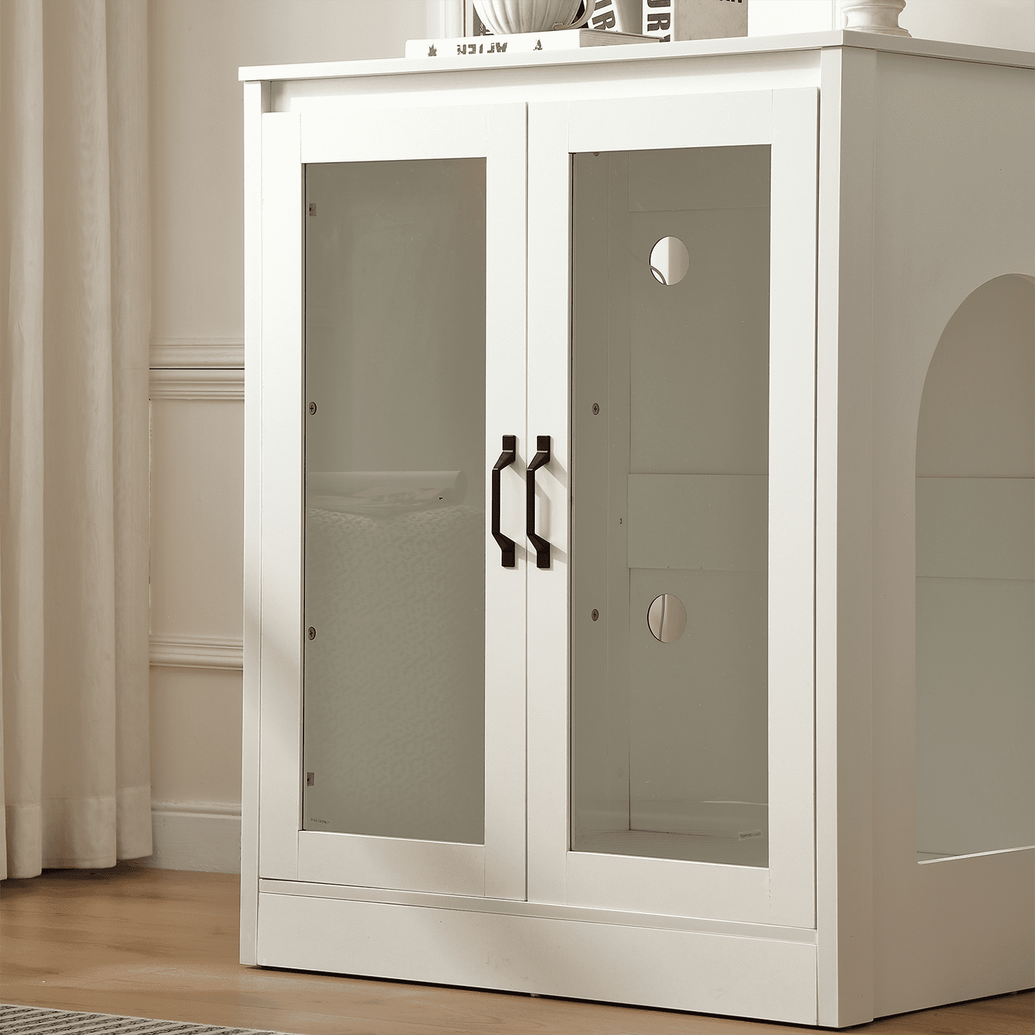 Cat Litter Enclosure with Cat-Viewing Glass Doors, Litter Cabinet with Power Outlet and Cozy LED Lights, Reversible and Optional Entry, White