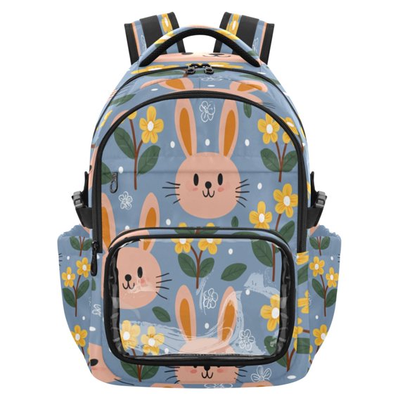PVC Casual Backpack 25L Daypack with Laptop Compartment Lightweight Travel Backpack for Work Outdoor Activities Rabbit and Little Yellow Flower