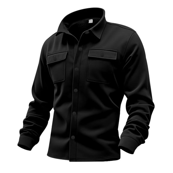 Men's Casual Loose Solid Color Shirt Jacket - Lapel Long-sleeve Button Casual Workwear Jacket, Black, Size L