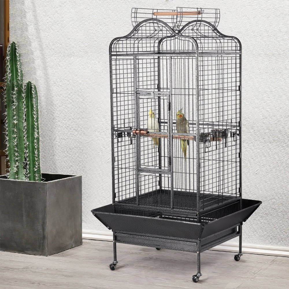 Alden Design 63" Large Parrot Cage with Open Playtop Metal Rolling Bird Cage for African Grey Parakeets, Cockatiels, Black