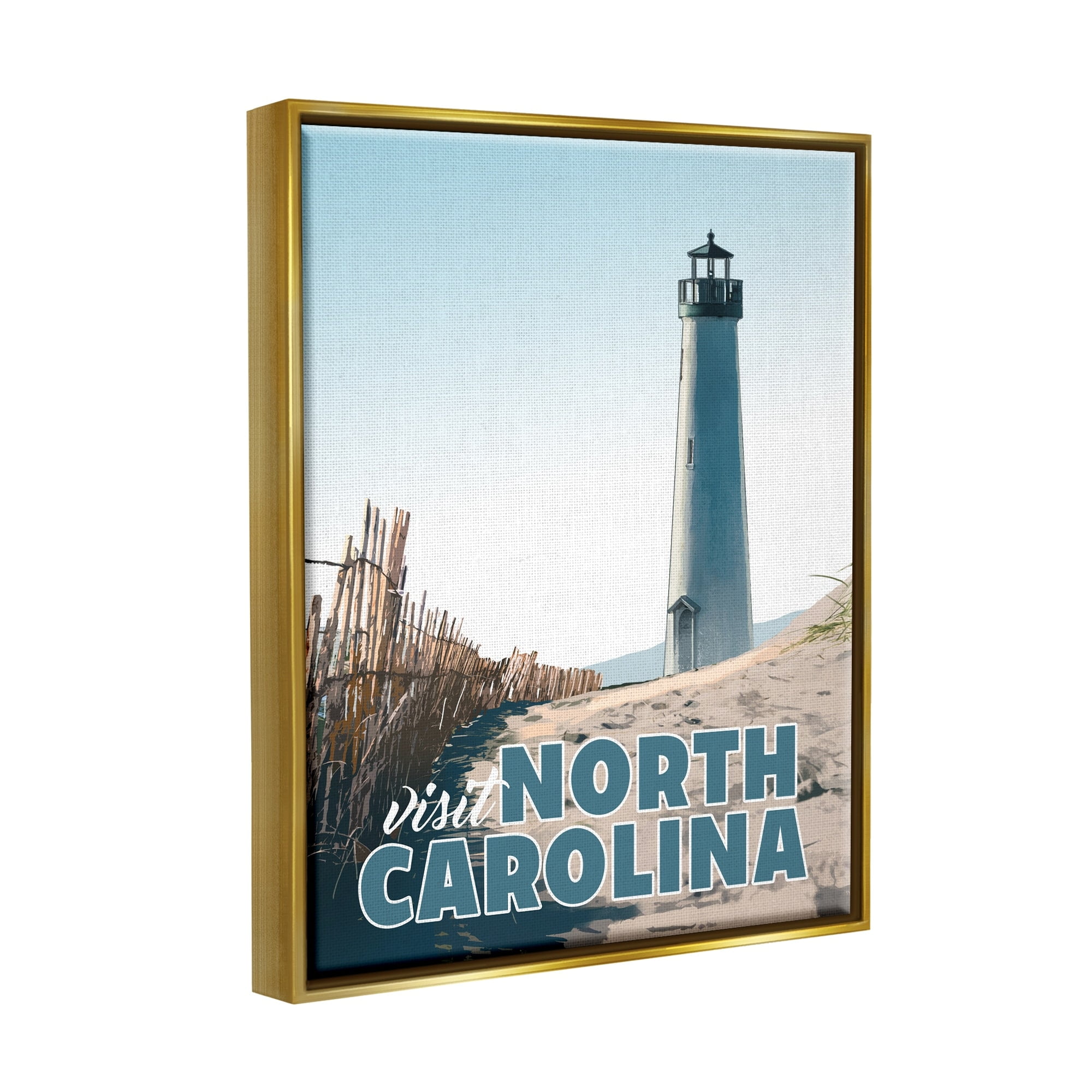 Stupell Industries Visit North Carolina Beach Lighthouse Seaside Sand Graphic Art Metallic Gold Floating Framed Canvas Print Wall Art, Design by David Owens Illustration