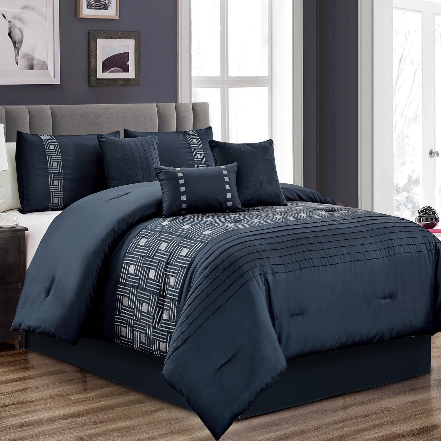 7 Pieces Luxury Embroidery Pattern Microfiber Comforter Set Navy Blue King Size 