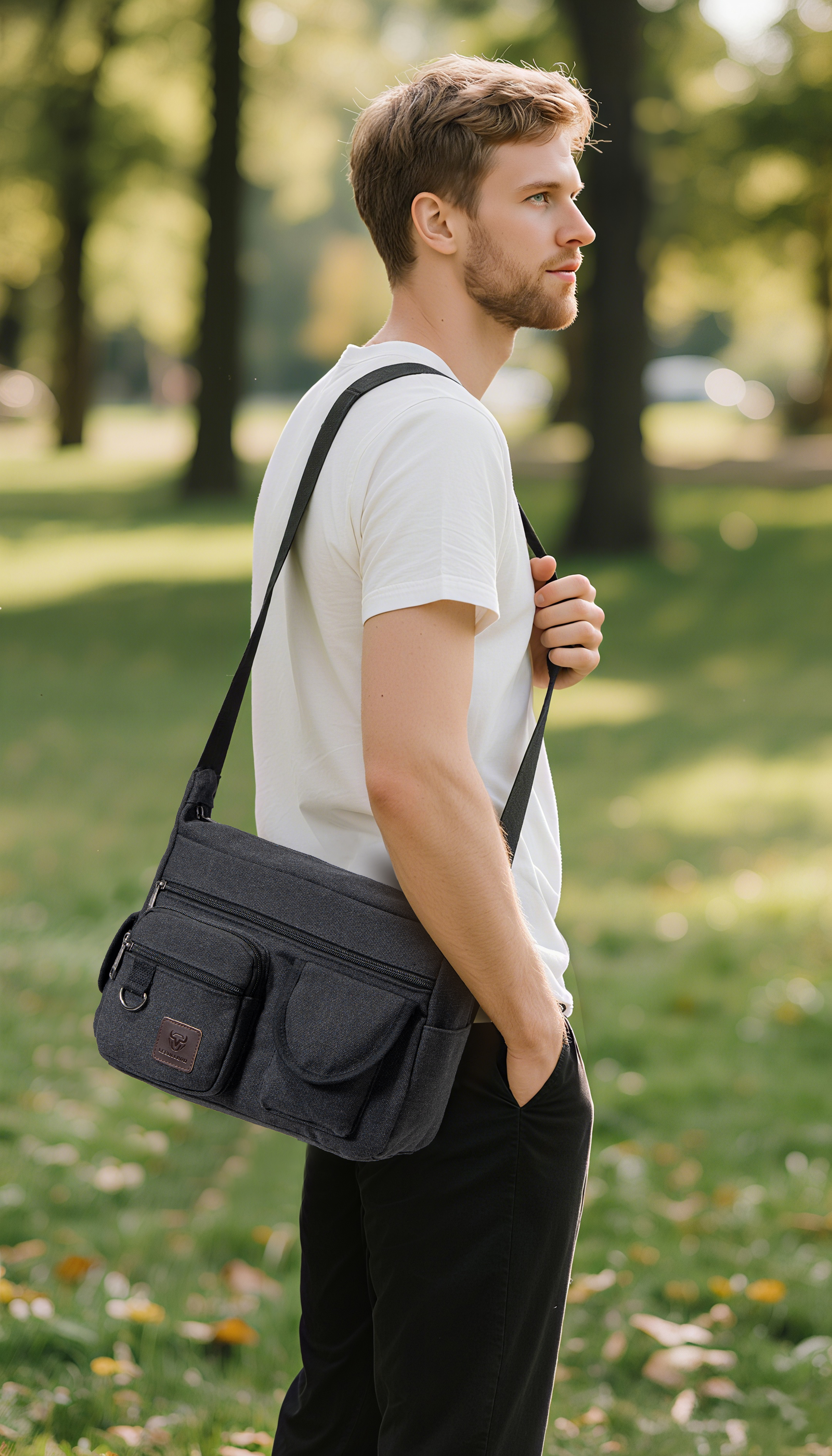 LEBULLBRO Canvas Messenger Bag for Mens Womens Multi-pockets 13 inch Laptop Shoulder Sling Bags School Crossbody Bags Travel Black