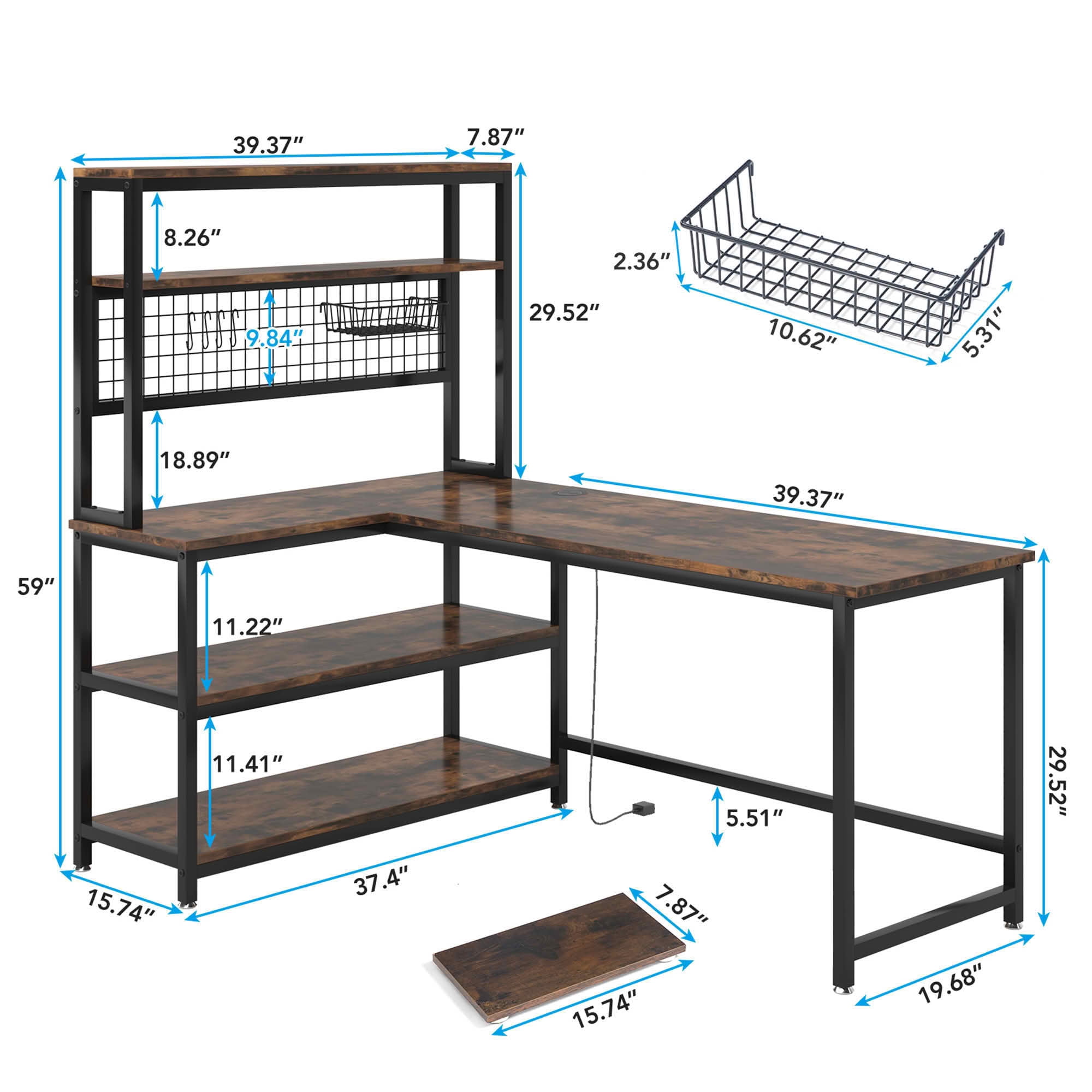 MAYEERTY 55" Large L-Shaped Office Desk with Built-In Charger, Waterproof Dustproof Corner Workstation with Storage Bookshelf for Home & Office
