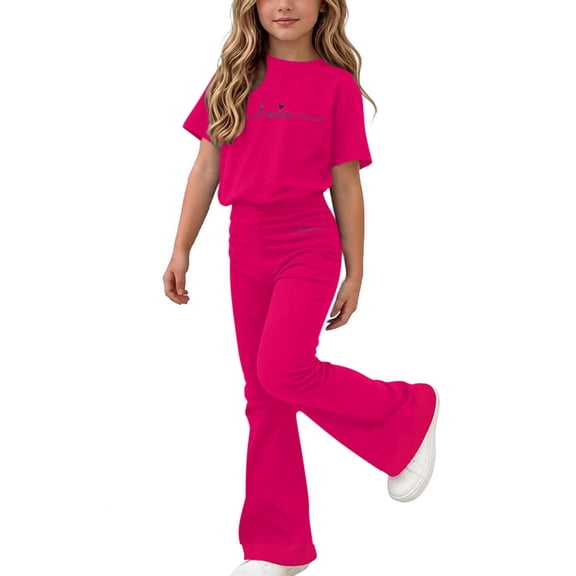 Fnooota Girls Summer Outfit Sets Size 10-12, Printed Short Sleeve Casual Kids' Clothing Sets Girls' 2 Piece Sets Hot Pink Size 10