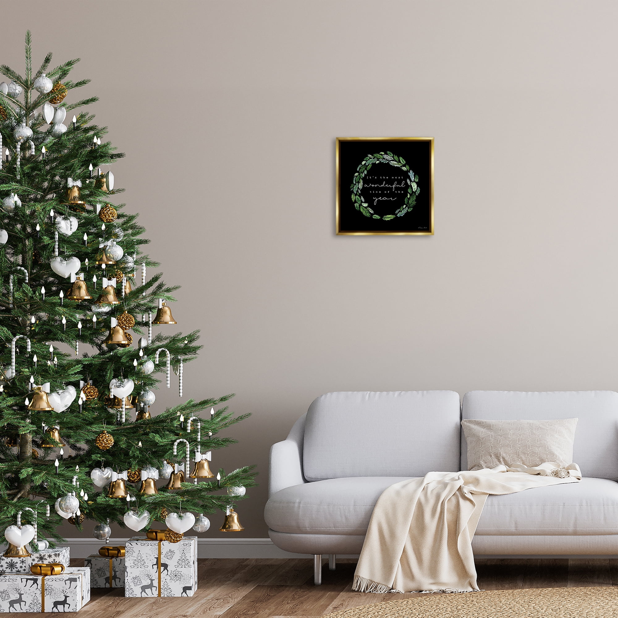 Stupell Industries Minimal Holiday Wreath Holiday Painting Gold Floater Framed Canvas Art Prints Wall Art, 18 x 18