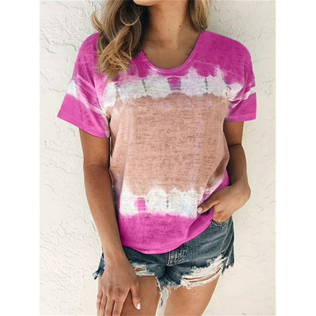 Pxiakgy T-Shirts pour Femmes Printemps Été Décontracté Col Rond Manches Courtes Imprimé Grande Taille Haut T-Shirts Femmes Rose Vif + TTG