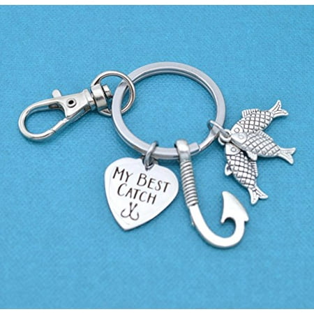 My Best Catch keychain in stainless steel. The words My Best Catch is laser printed on a heart shaped blank. Fishing Hook
