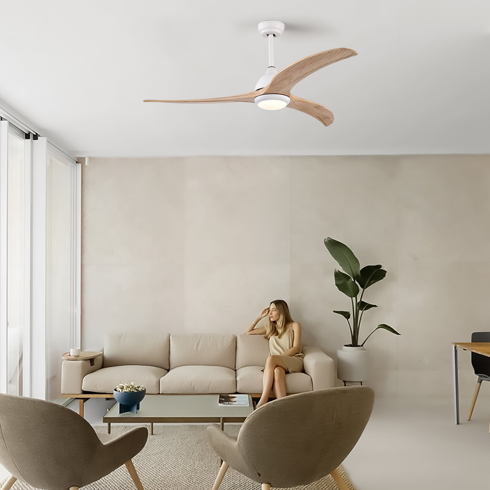 Ceiling Fan with Light, 52 Inch Reversible Noiseless Fan for Home Indoor Living Bedroom, Matte White Natural Wood