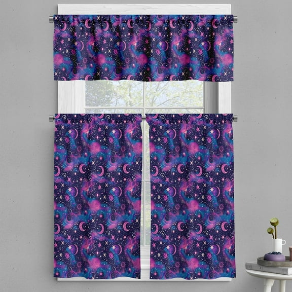 Mystical Valance & Tier Curtain 3 pcs Set, Trippy Magic Whimsical Starry Night with Moon Sun and Planets Print, Window Treatments for Kitchen Room Decor, 55" x 36", Dark Night Blue Fuchsia
