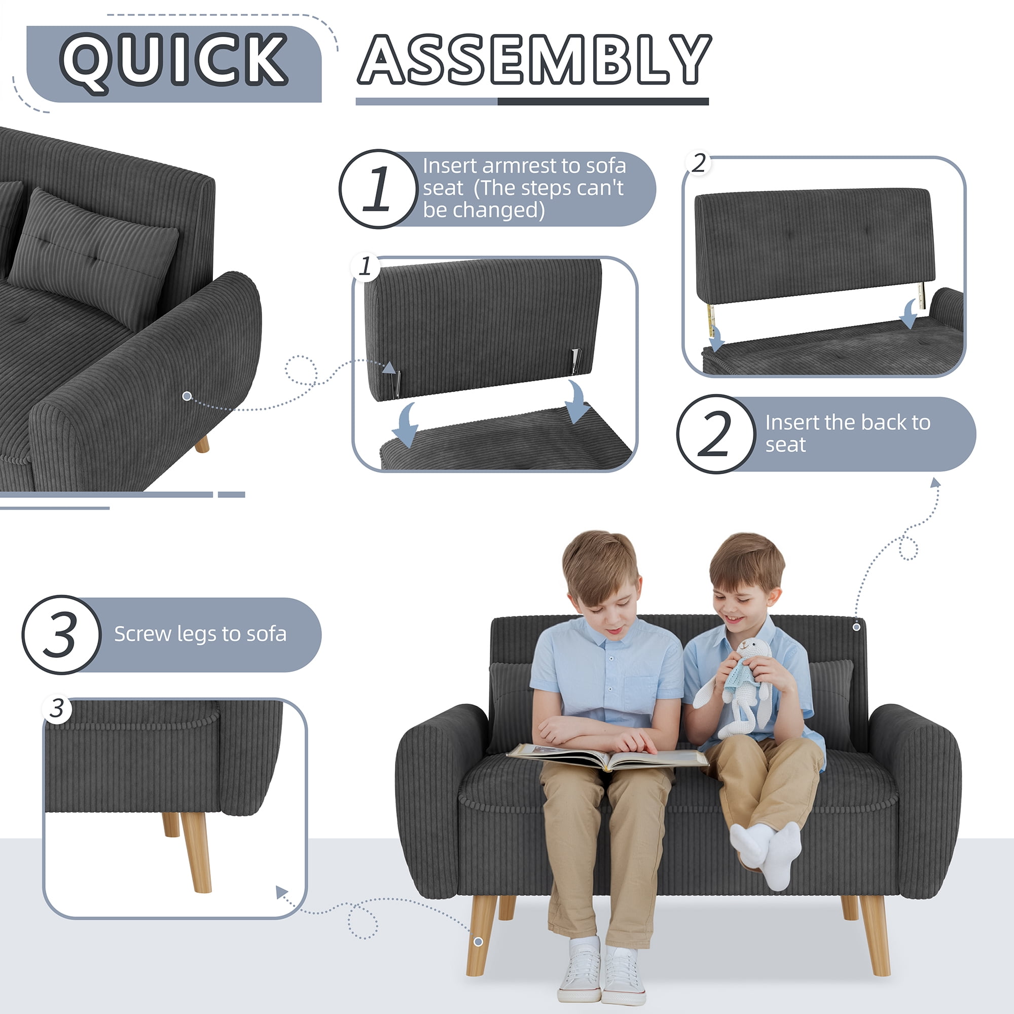 Walsunny 49" Loveseat Sofa Couch, 2-Seat Fabric Upholstered Sofa with 2 Removable Pillows, Modern Loveseat Couch, Wood Leg, Dark Gray