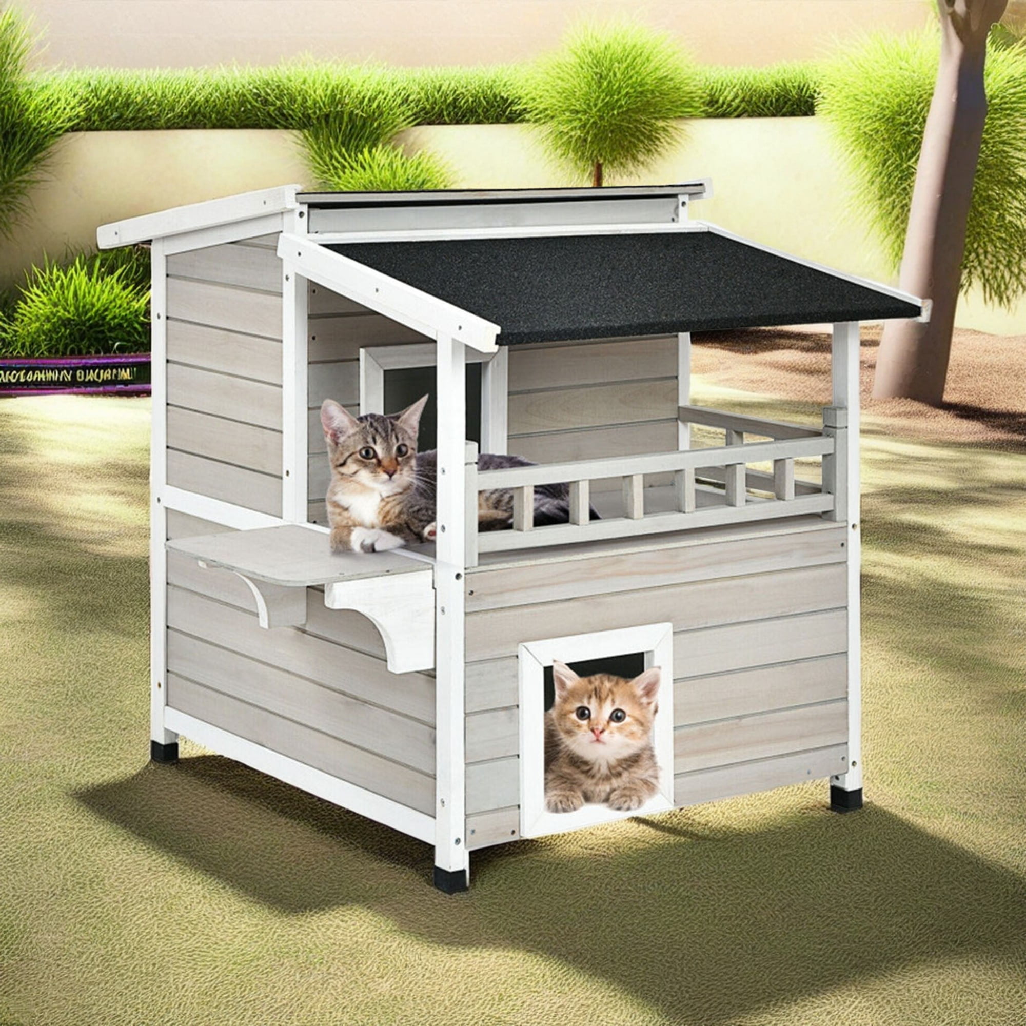 resenkos 36" Wooden Cat House with Large Balcony, Cat Condo Shelter Catio for Small Medium Cats, 2-Story Patio Cat Shelter, Gray
