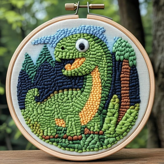 DIY Punch Needle Kits for Beginners Cartoon Dinosaur with Hoop Embroidery Punch Needle Starter Craft Set Easy for Adults and Children Festival Gift and Decoration 20x20cm-1