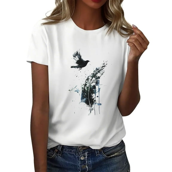 NAMTYQX Tops for Women 2025 Light Short Sleeve Plus Size Classic Scoop Neck Soft Graphic Loose Gemustertes Womens Blouses Black Size 2XL